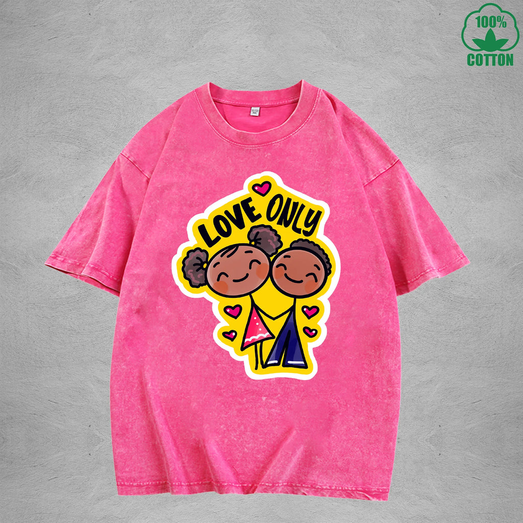 Love onlyInterest Printed Washed T-Shirt 230G Loose Trendy Fashionable 100%Cotton Short Sleeve Top