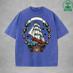 Naval AdventureInterest Printed Washed T-Shirt 230G Multicolor Loose Trendy Fashionable 100%Cotton Short Sleeve Top