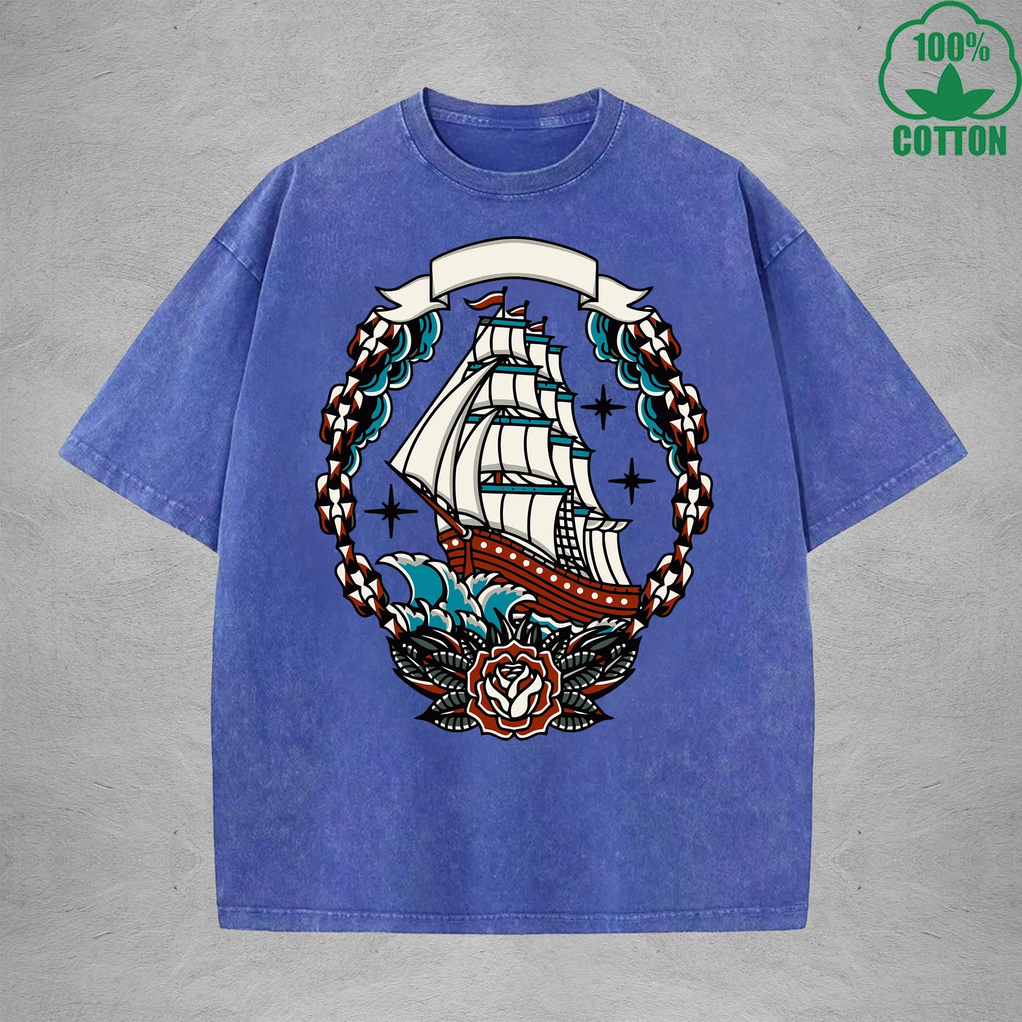 Naval AdventureInterest Printed Washed T-Shirt 230G Multicolor Loose Trendy Fashionable 100%Cotton Short Sleeve Top