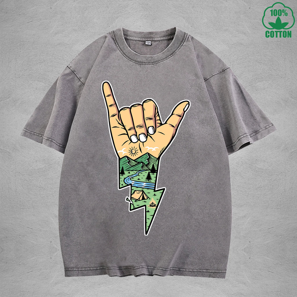 Lightning Camping Interest Printed Washed T-Shirt 230G Multicolor Loose Trendy Fashionable 100%Cotton Short Sleeve Top