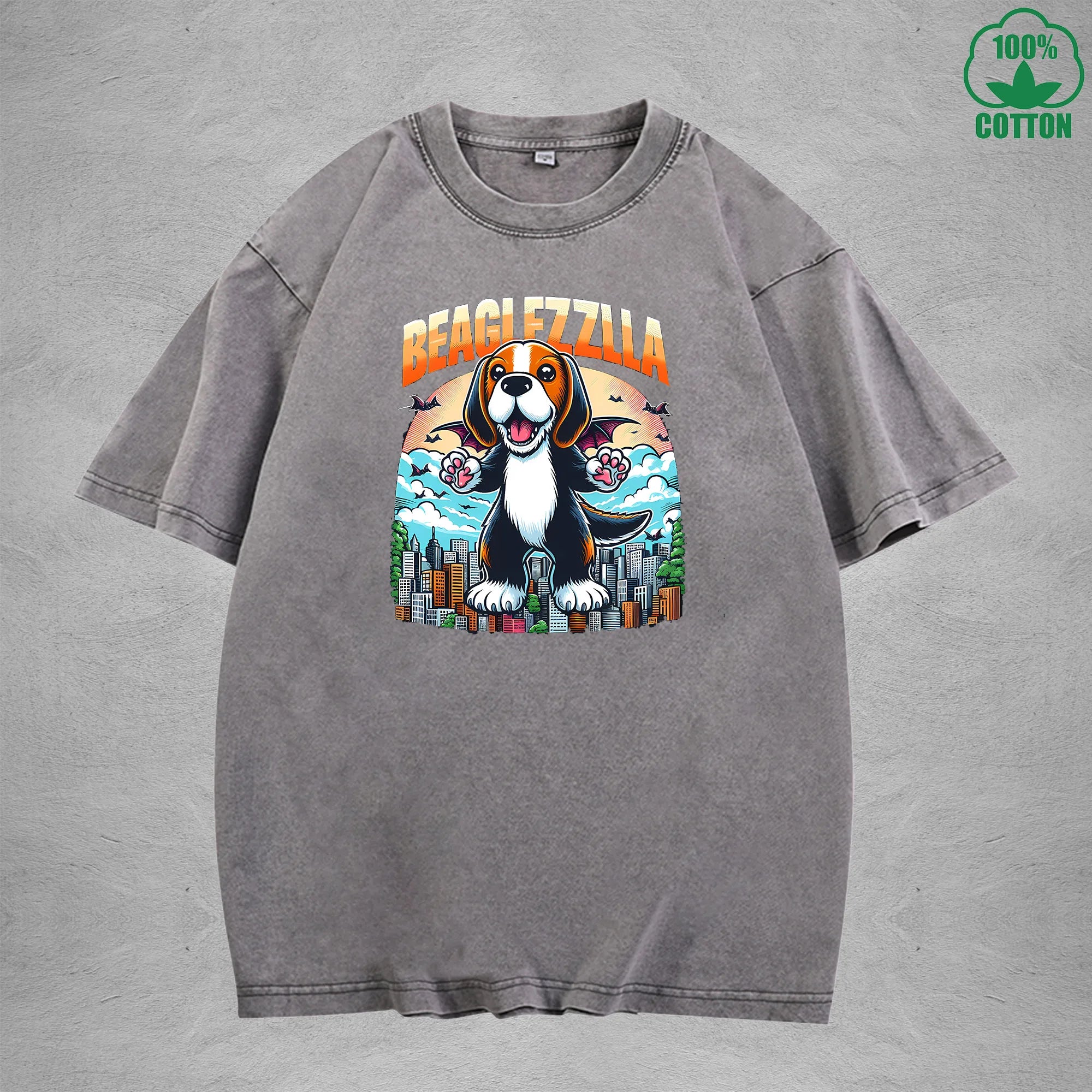 BeaglfizzllaInterest Printed Washed T-Shirt 230G Loose Trendy Fashionable 100%Cotton Short Sleeve Top