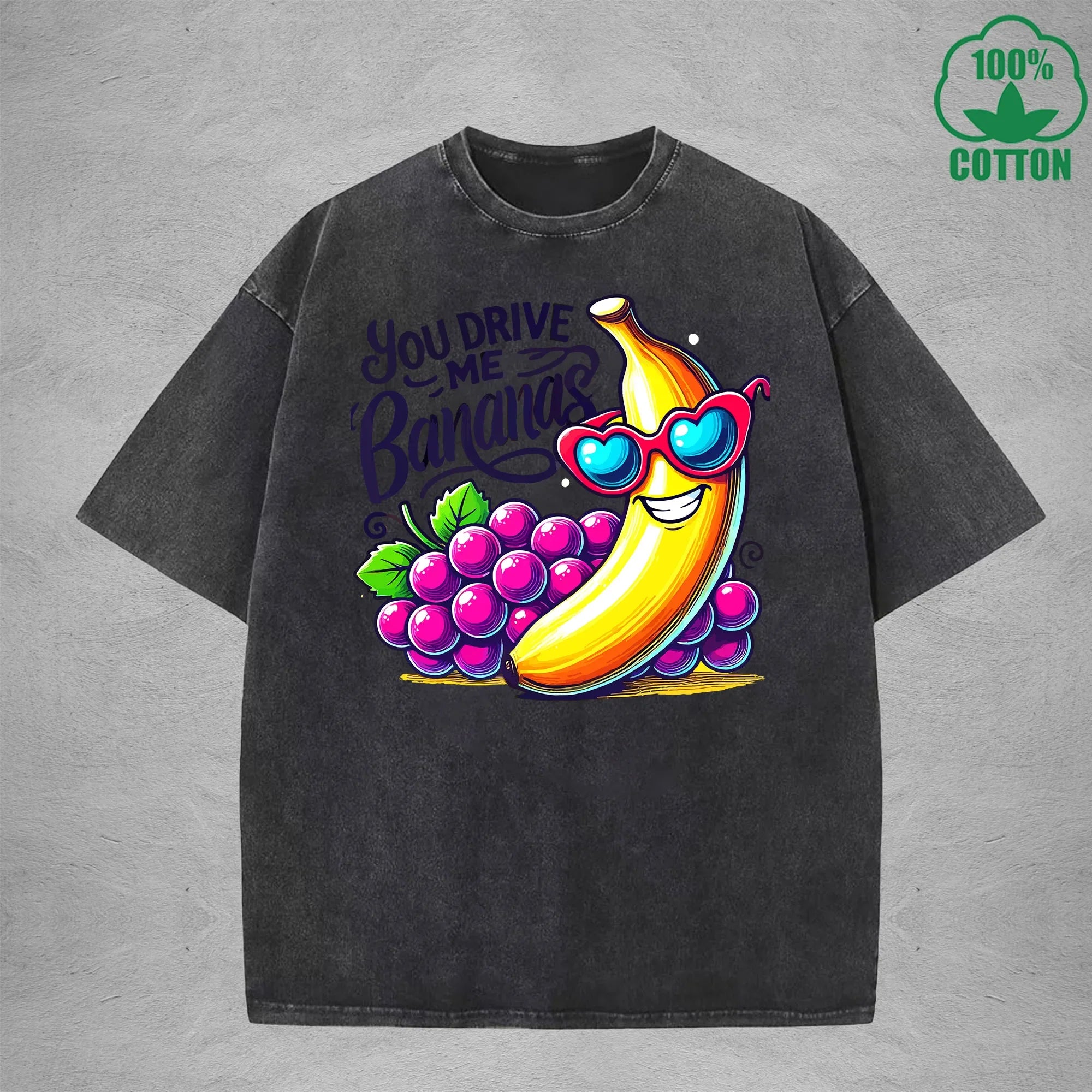 You Drive Me BananasInterest Printed Washed T-Shirt 230G Loose Trendy Fashionable 100%Cotton Short Sleeve Top