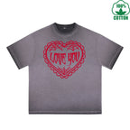 Love You Printed Dirty WashT-Shirt 230G Multicolor Loose Trendy Short Sleeves Fashionable 100%Cotton Top