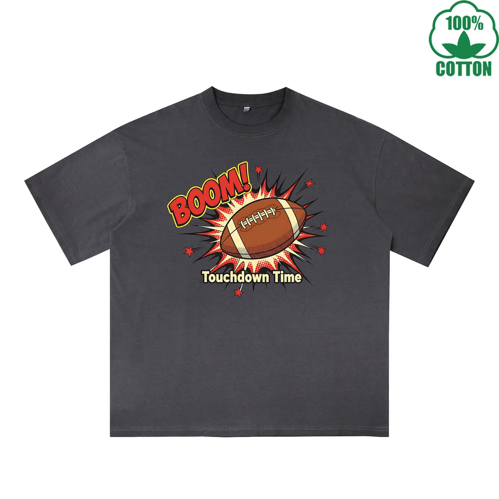 Touchdown Time Printed Dirty Wash T-Shirt 230G Multicolor Loose Trendy Fashionable 100%Cotton Short Sleeve Top