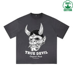 True Devil Printed Dirty WashT-Shirt 230G Multicolor Loose Trendy Fashionable 100%Cotton Short Sleeve Top
