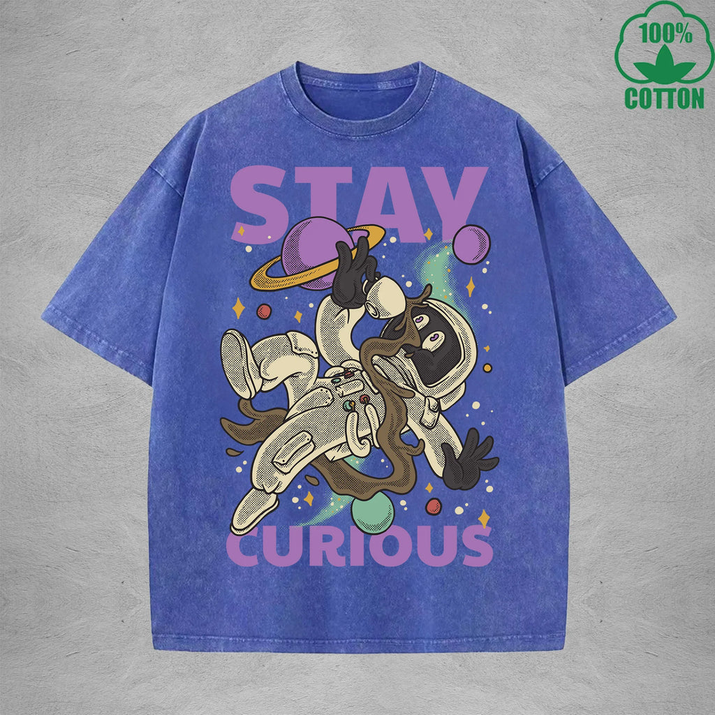 Stay Curious American Retro 230G Washed T-Shirt Available in Multiple Colors Fashionable Pure Cotton Short Sleeve