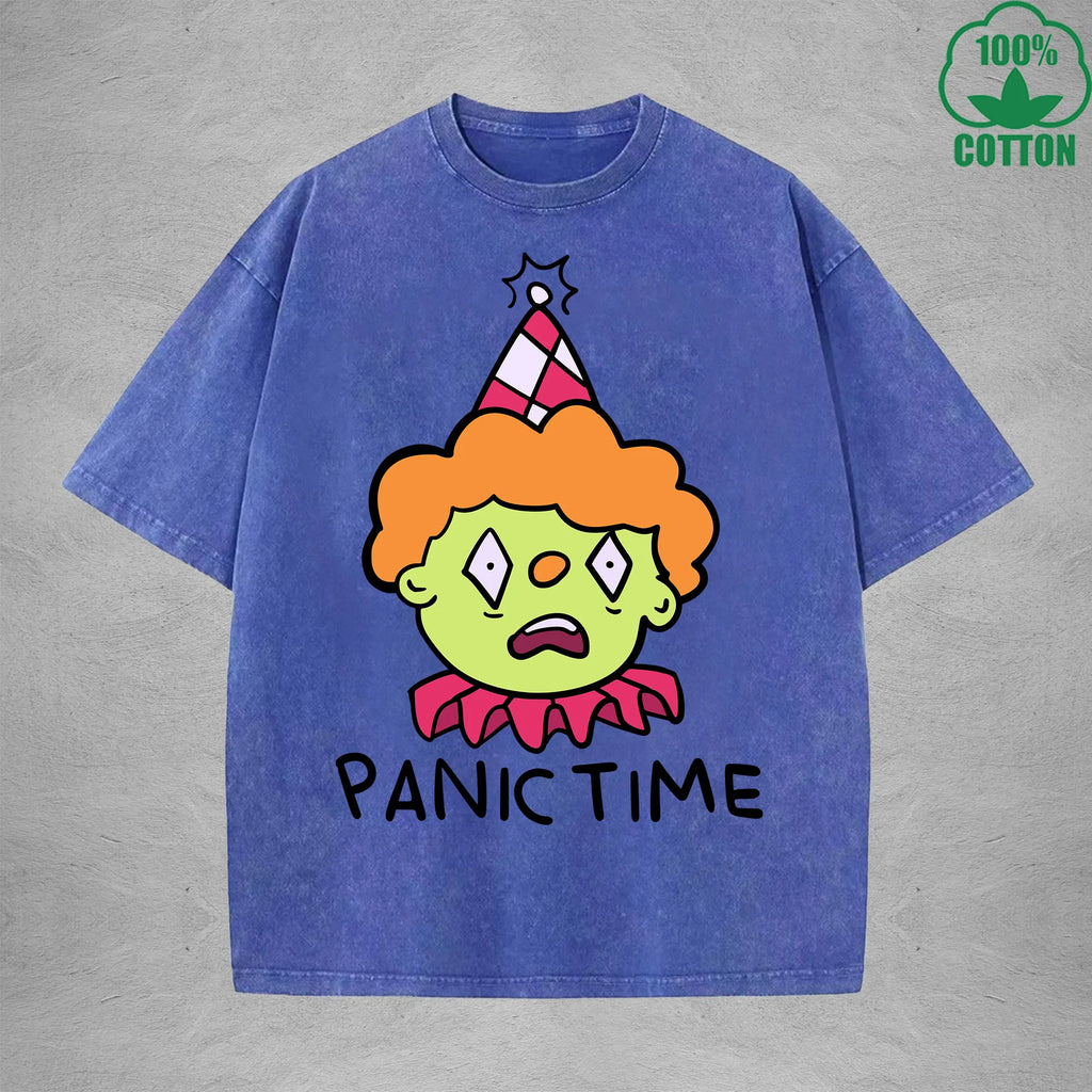 Panic TimeInterest Printed Washed T-Shirt 230G Loose Trendy Fashionable 100%Cotton Short Sleeve Top