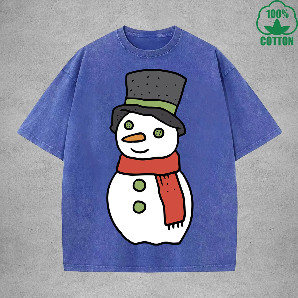 Christmas Snowman Interest Printed Washed T-Shirt 230G Multicolor Loose Trendy Fashionable 100%Cotton Short Sleeve Top