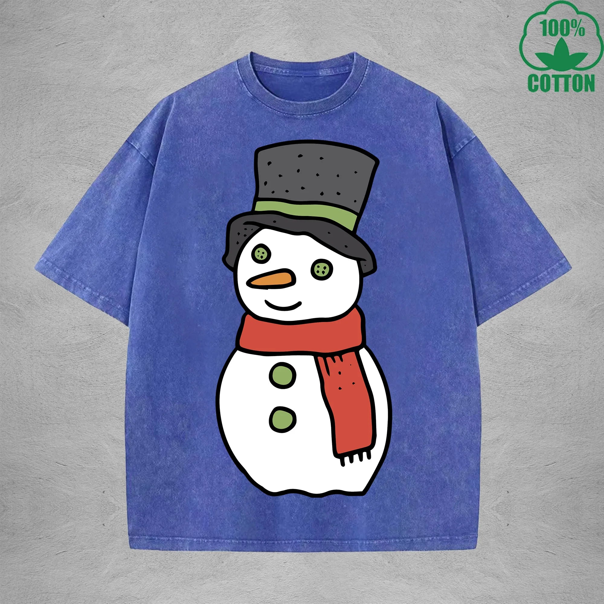Christmas Snowman Interest Printed Washed T-Shirt 230G Multicolor Loose Trendy Fashionable 100%Cotton Short Sleeve Top