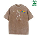 Cat Chasing a Rainbow Printed Washed T-Shirt 230G Loose Trendy Fashionable Cotton Short Sleeve Top Clearance Sale