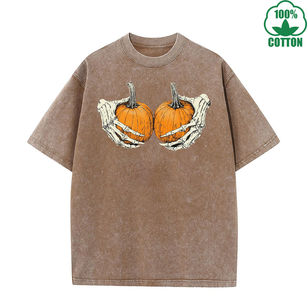 Holding a Pumpkin Fun And Quirky Printed Washed T-Shirt 230G Multicolor Loose Trendy Fashionable Cotton Short Sleeve Top