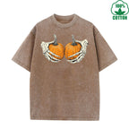 Holding a Pumpkin Fun And Quirky Printed Washed T-Shirt 230G Multicolor Loose Trendy Fashionable Cotton Short Sleeve Top