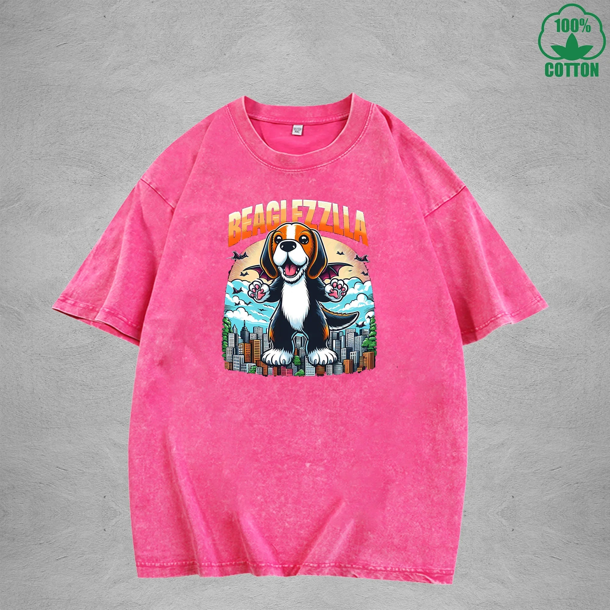 BeaglfizzllaInterest Printed Washed T-Shirt 230G Loose Trendy Fashionable 100%Cotton Short Sleeve Top