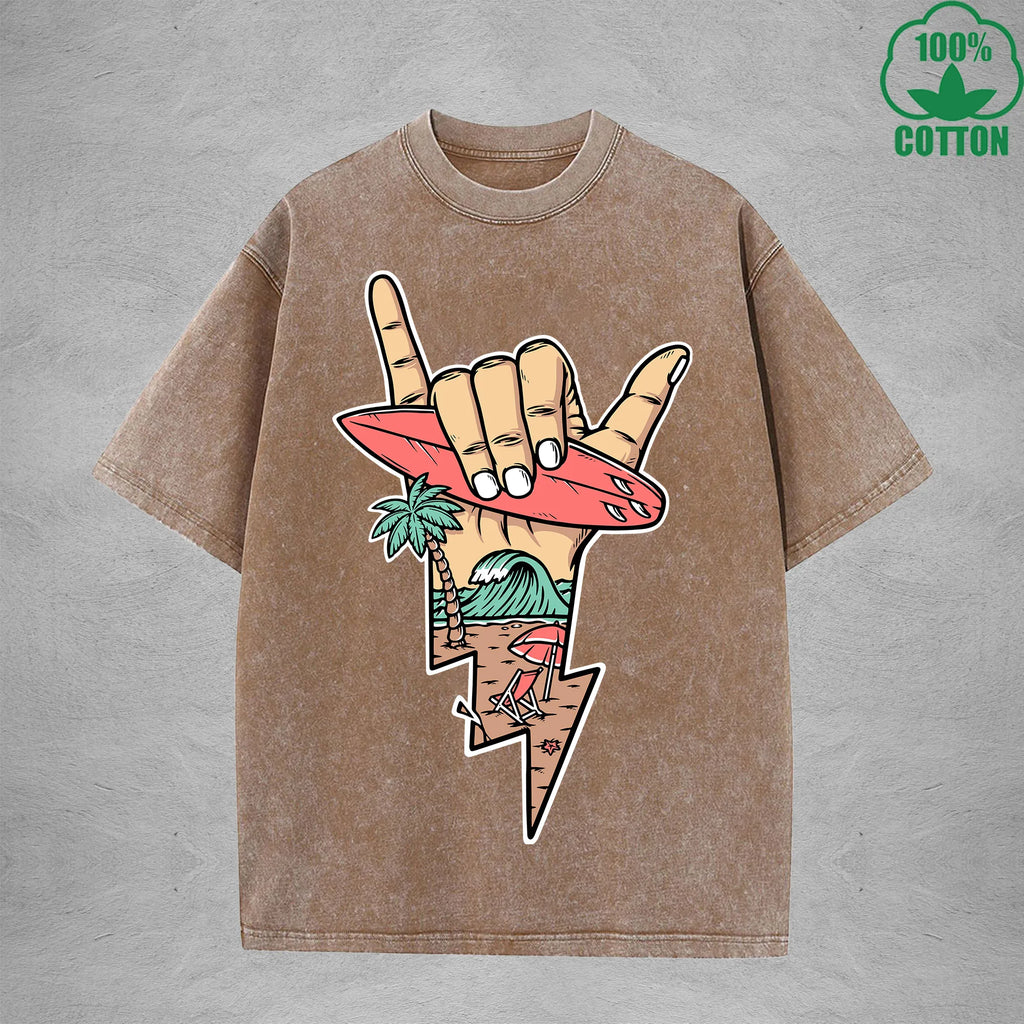 Lightning Surfing Interest Printed Washed T-Shirt 230G Multicolor Loose Trendy Fashionable 100%Cotton Short Sleeve Top