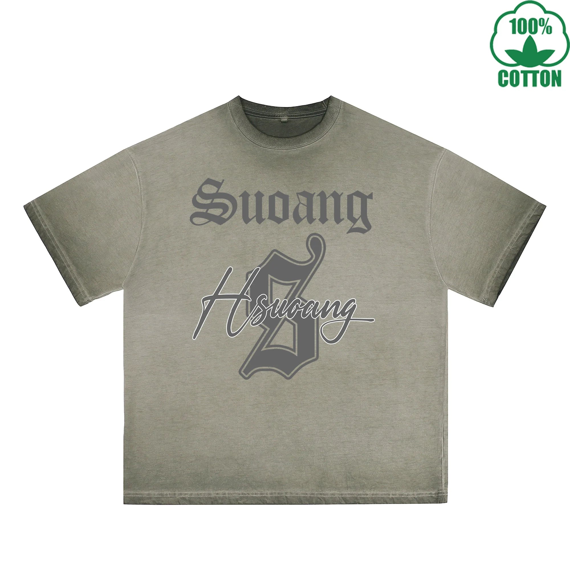 Hsucang Printed Dirty WashT-Shirt 230G Multicolor Loose Trendy Fashionable 100%Cotton Short Sleeve Top