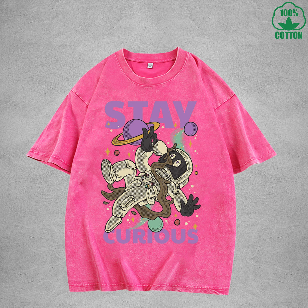 Stay Curious American Retro 230G Washed T-Shirt Available in Multiple Colors Fashionable Pure Cotton Short Sleeve