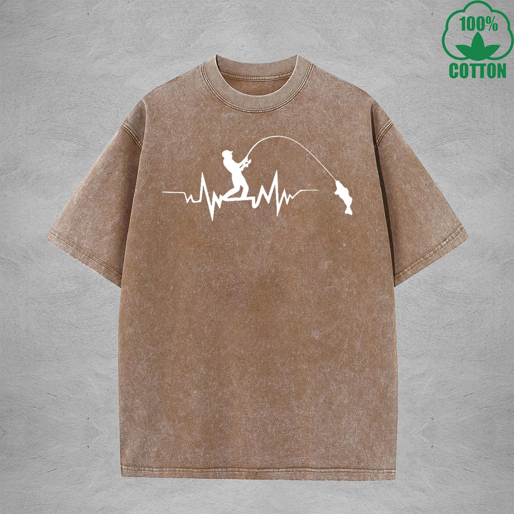 Fisherman Interesting Printed Washed T-Shirt 230G Multicolor Loose Trendy Fashionable Cotton Short Sleeve Top