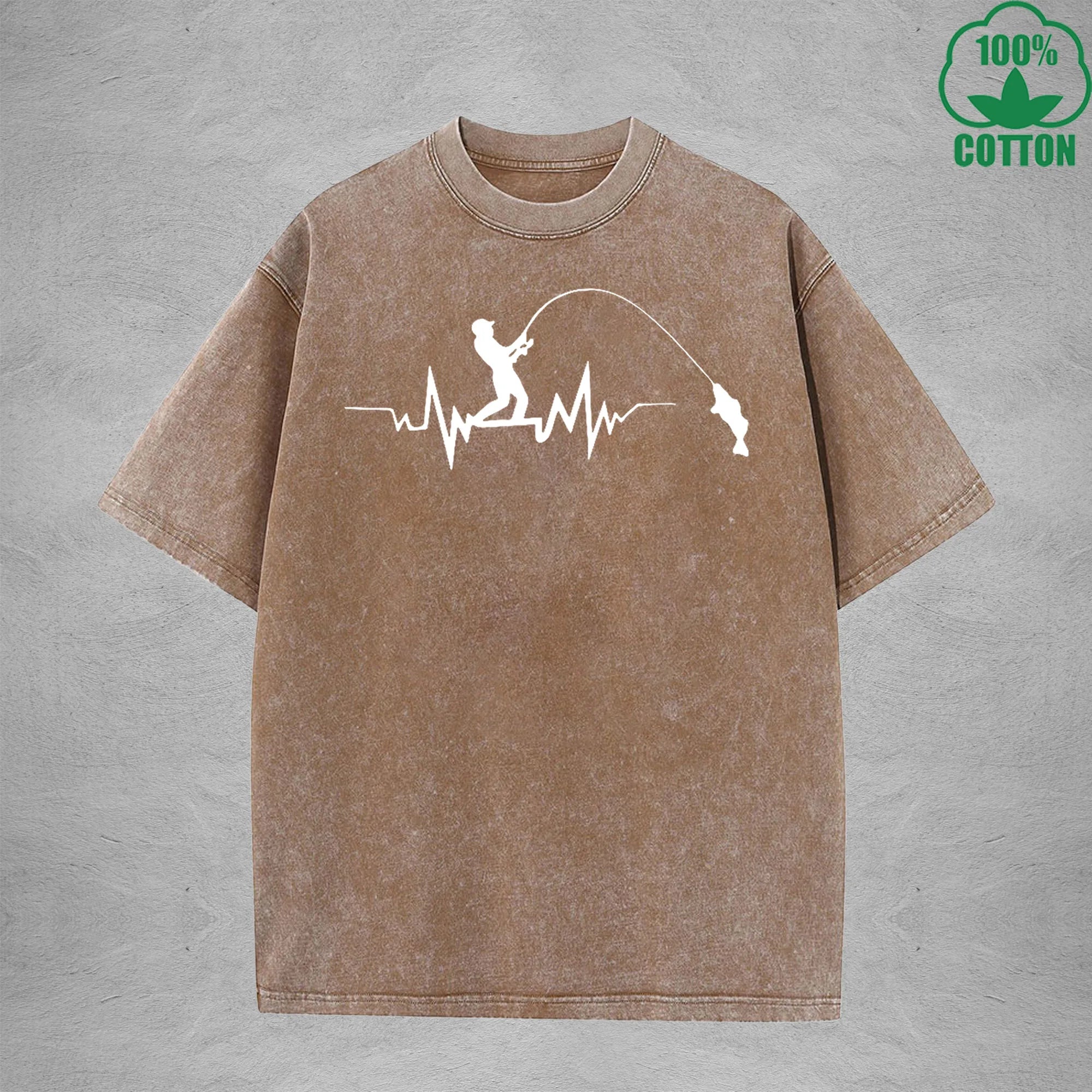 Fisherman Interesting Printed Washed T-Shirt 230G Multicolor Loose Trendy Fashionable Cotton Short Sleeve Top