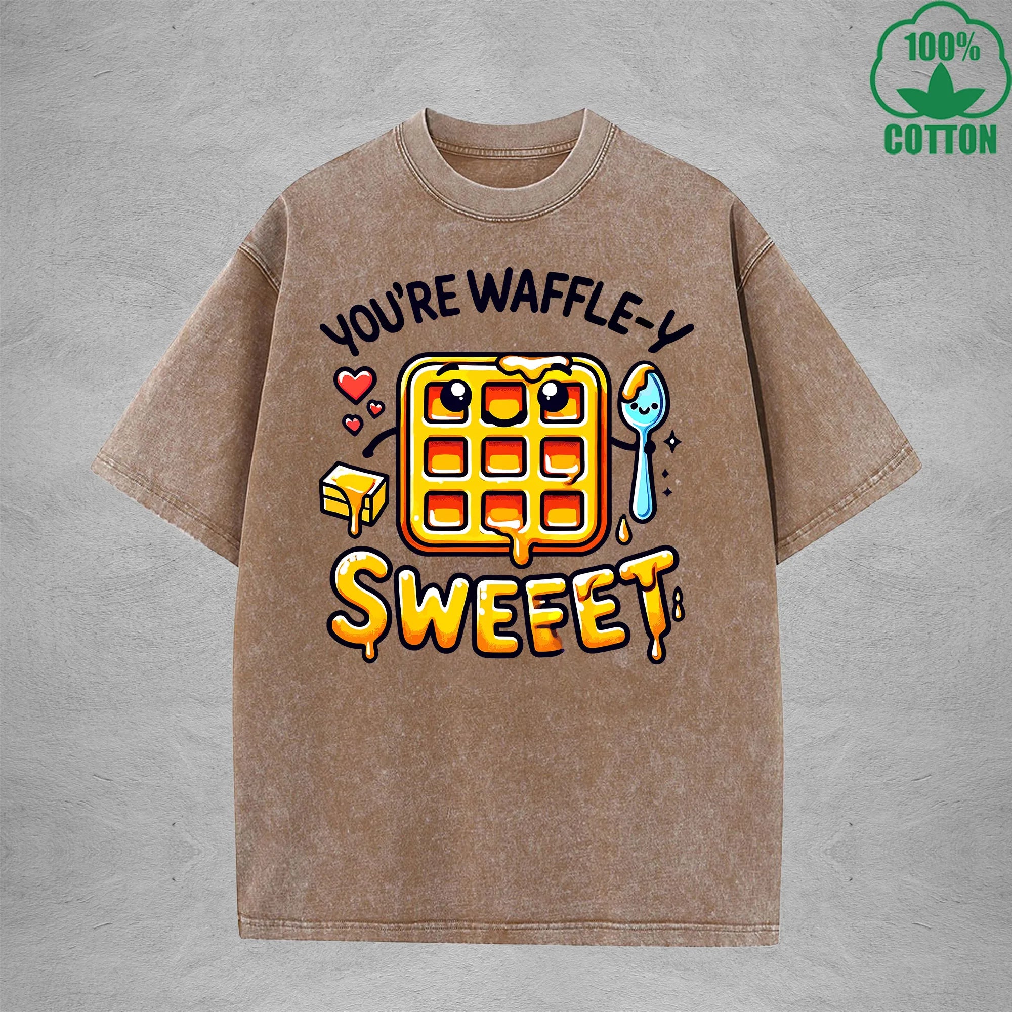 Waffle-Y SweetInterest Printed Washed T-Shirt 230G Loose Trendy Fashionable 100%Cotton Short Sleeve Top