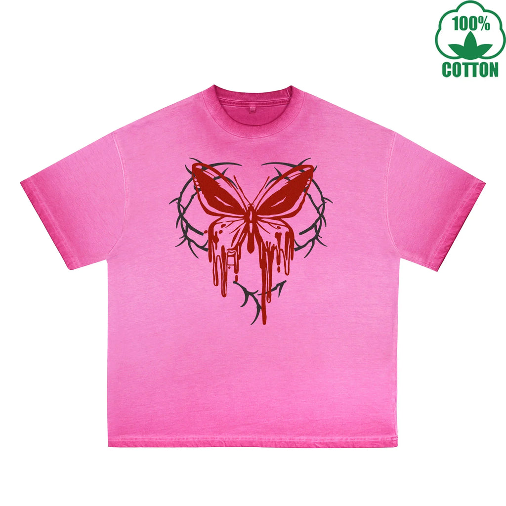Blood Butterfly Printed Dirty WashT-Shirt 230G Multicolor Loose Trendy Fashionable 100%Cotton Short Sleeve Top