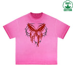 Blood Butterfly Printed Dirty WashT-Shirt 230G Multicolor Loose Trendy Fashionable 100%Cotton Short Sleeve Top