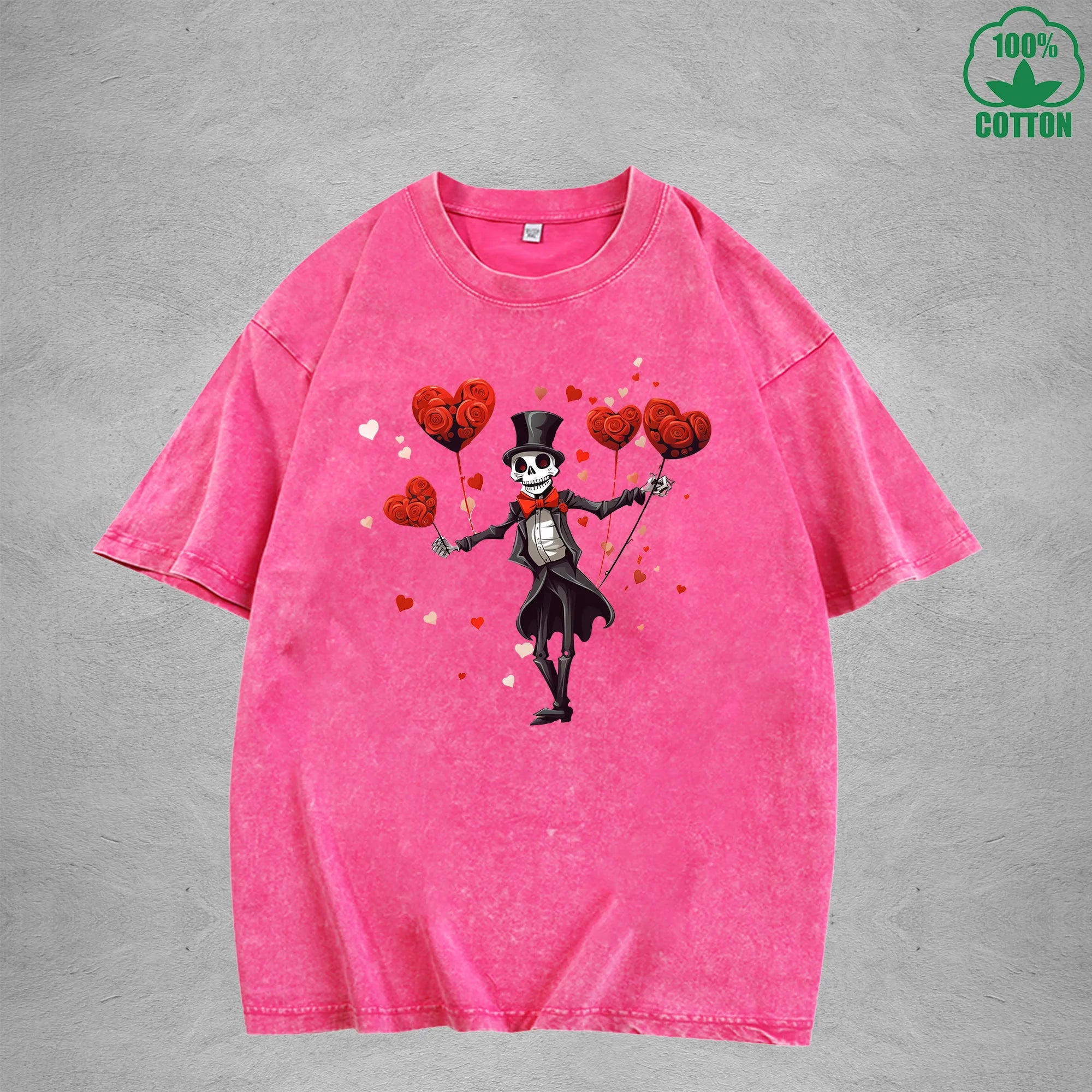 Romantic Skeleton Minimalist Printed Washed T-Shirt 230G Interesting Loose Trendy Fashionable Cotton Short Sleeve Top