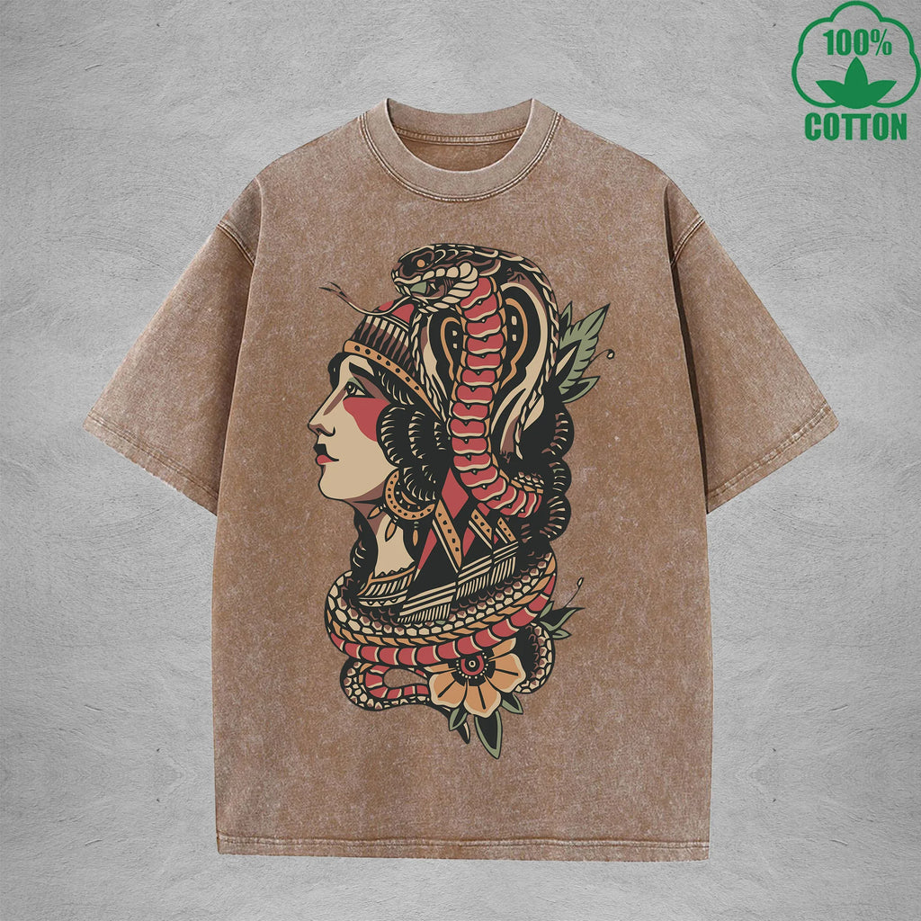 Venomous Snake ChiefInterest Printed Washed T-Shirt 230G Multicolor Loose Trendy Fashionable 100%Cotton Short Sleeve Top