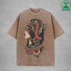 Venomous Snake ChiefInterest Printed Washed T-Shirt 230G Multicolor Loose Trendy Fashionable 100%Cotton Short Sleeve Top