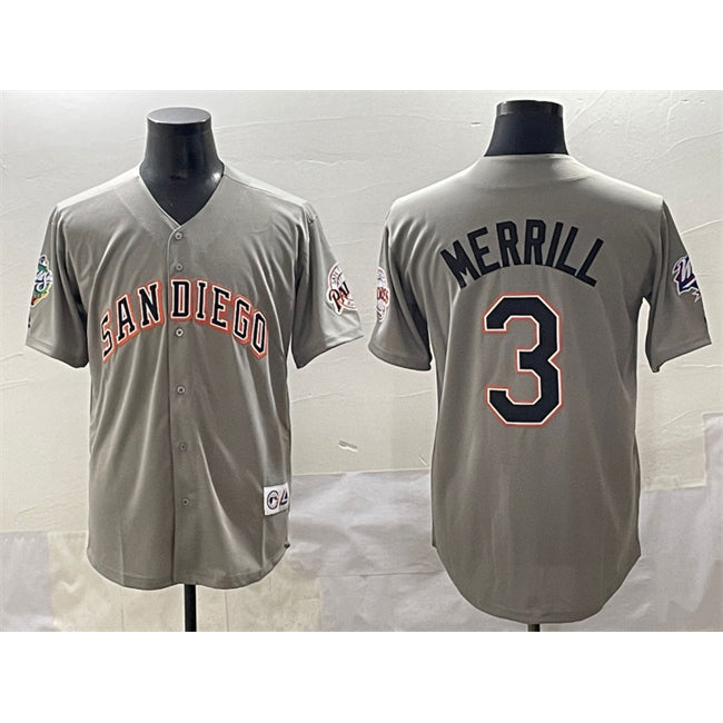 San Diego Padres #3 Jackson Merrill Gray Fashion Throwback With Patch Cool Base Stitched Baseball Jersey
