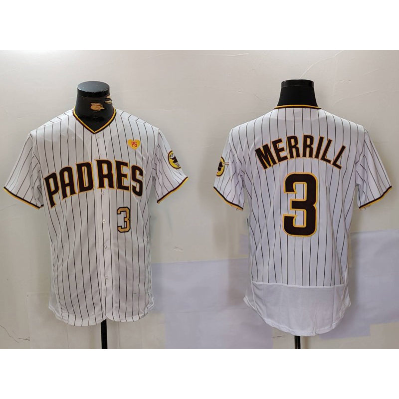 San Diego Padres #3 Jackson Merrill White With PS Patch Stitched Flex Base Baseball Jersey