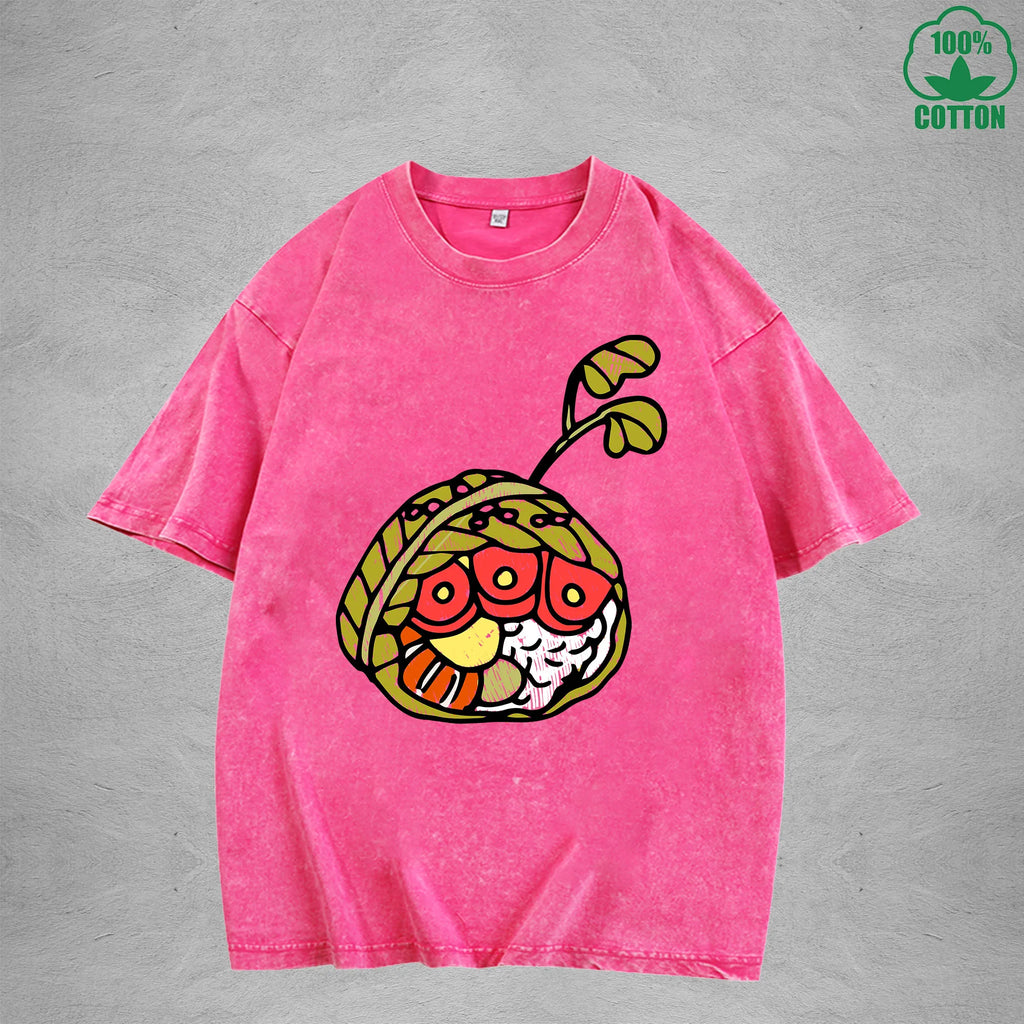 Cute Rice BallInterest Printed Washed T-Shirt 230G Multicolor Loose Trendy Fashionable 100%Cotton Short Sleeve Top