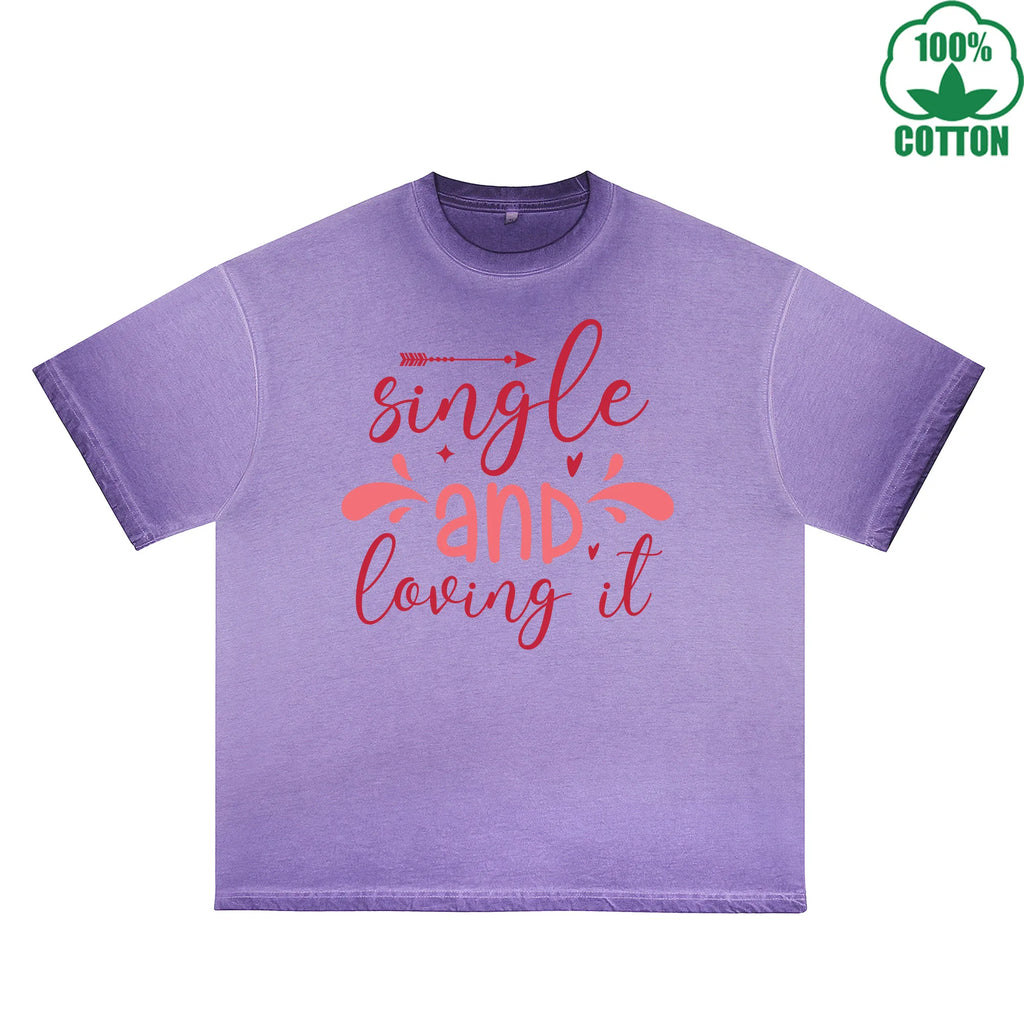 Sing Le Printed Dirty Wash T-Shirt 230G Multicolor Loose Trendy Fashionable 100%Cotton Short Sleeve Top