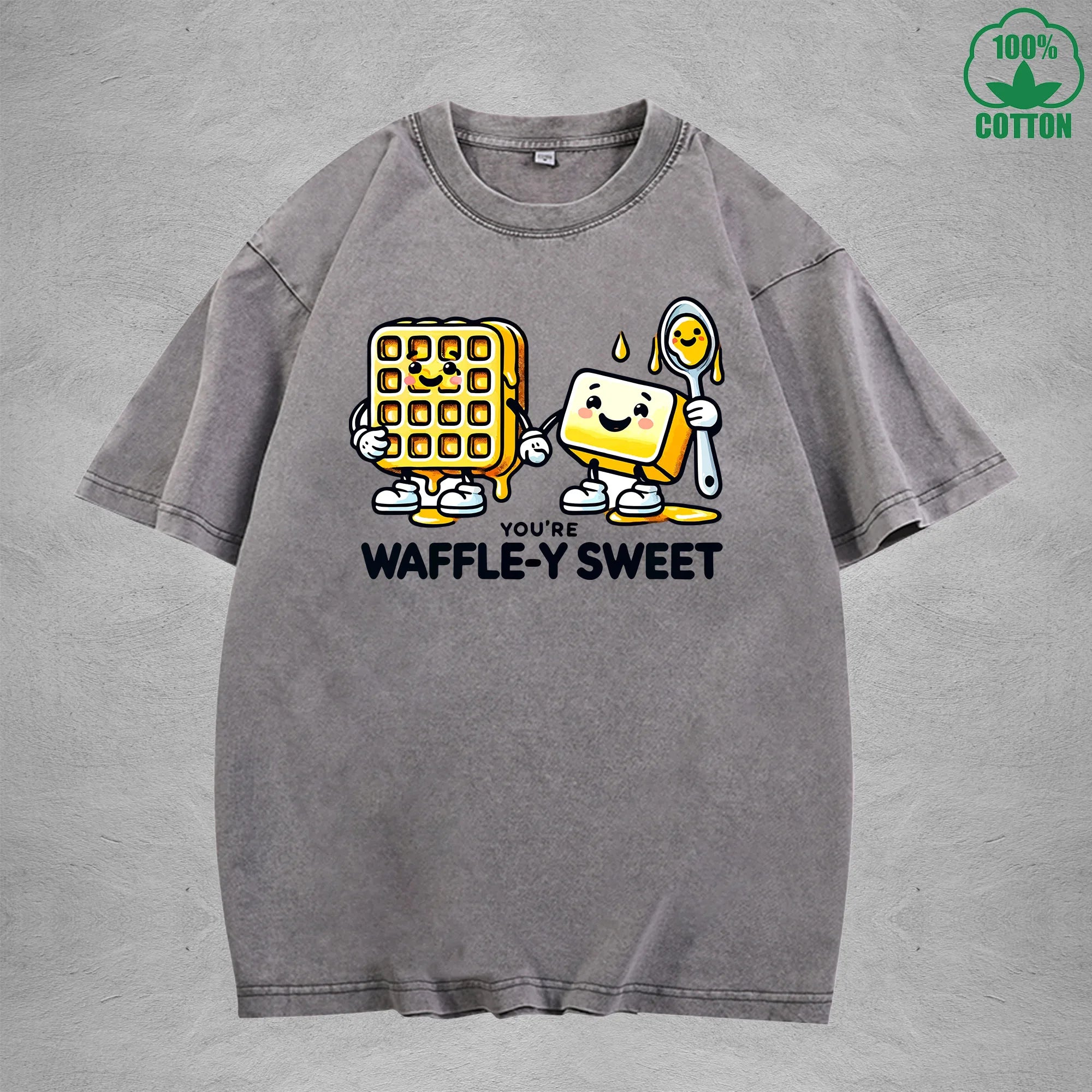 Waffle-Y SweetInterest Printed Washed T-Shirt 230G Loose Trendy Fashionable 100%Cotton Short Sleeve Top