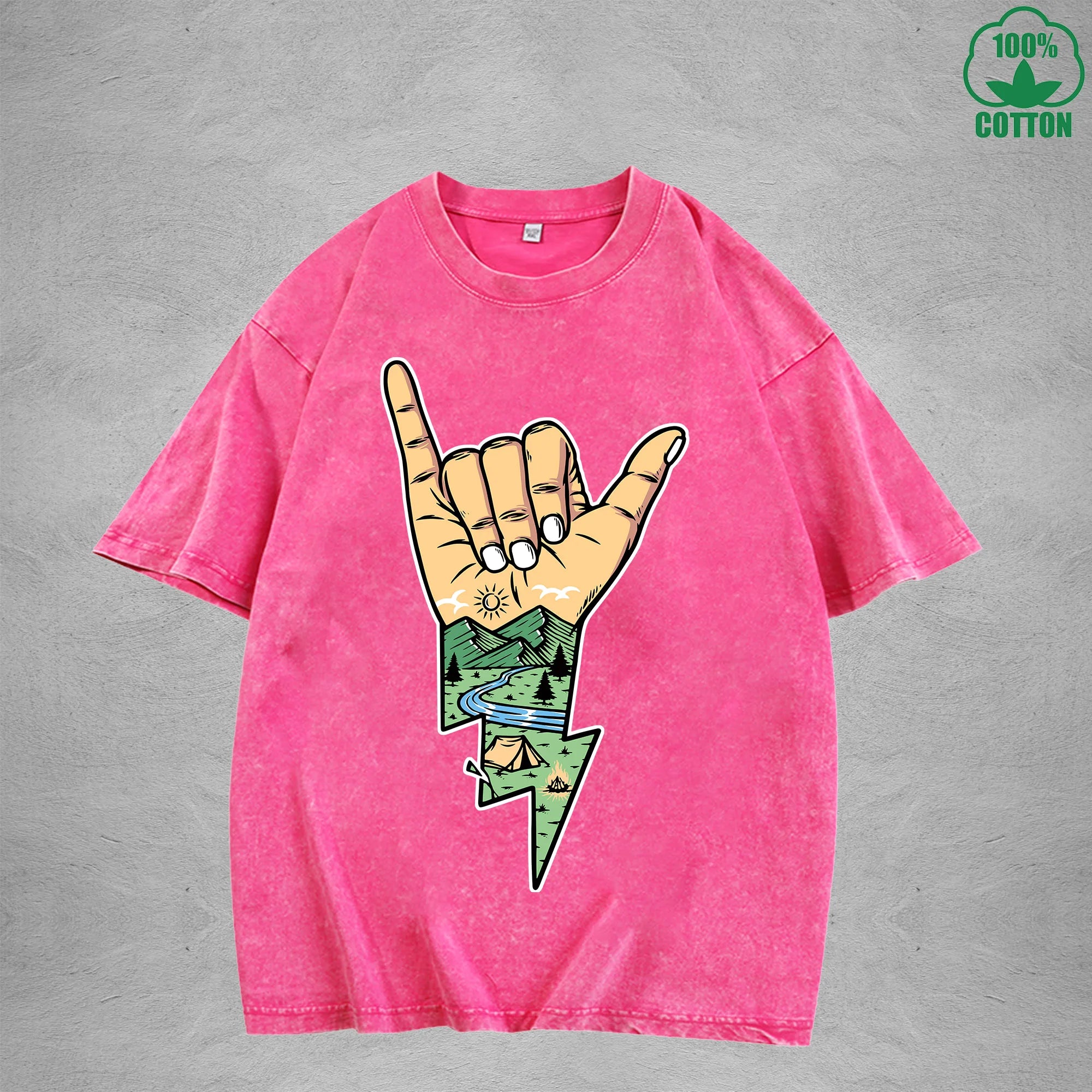 Lightning Camping Interest Printed Washed T-Shirt 230G Multicolor Loose Trendy Fashionable 100%Cotton Short Sleeve Top
