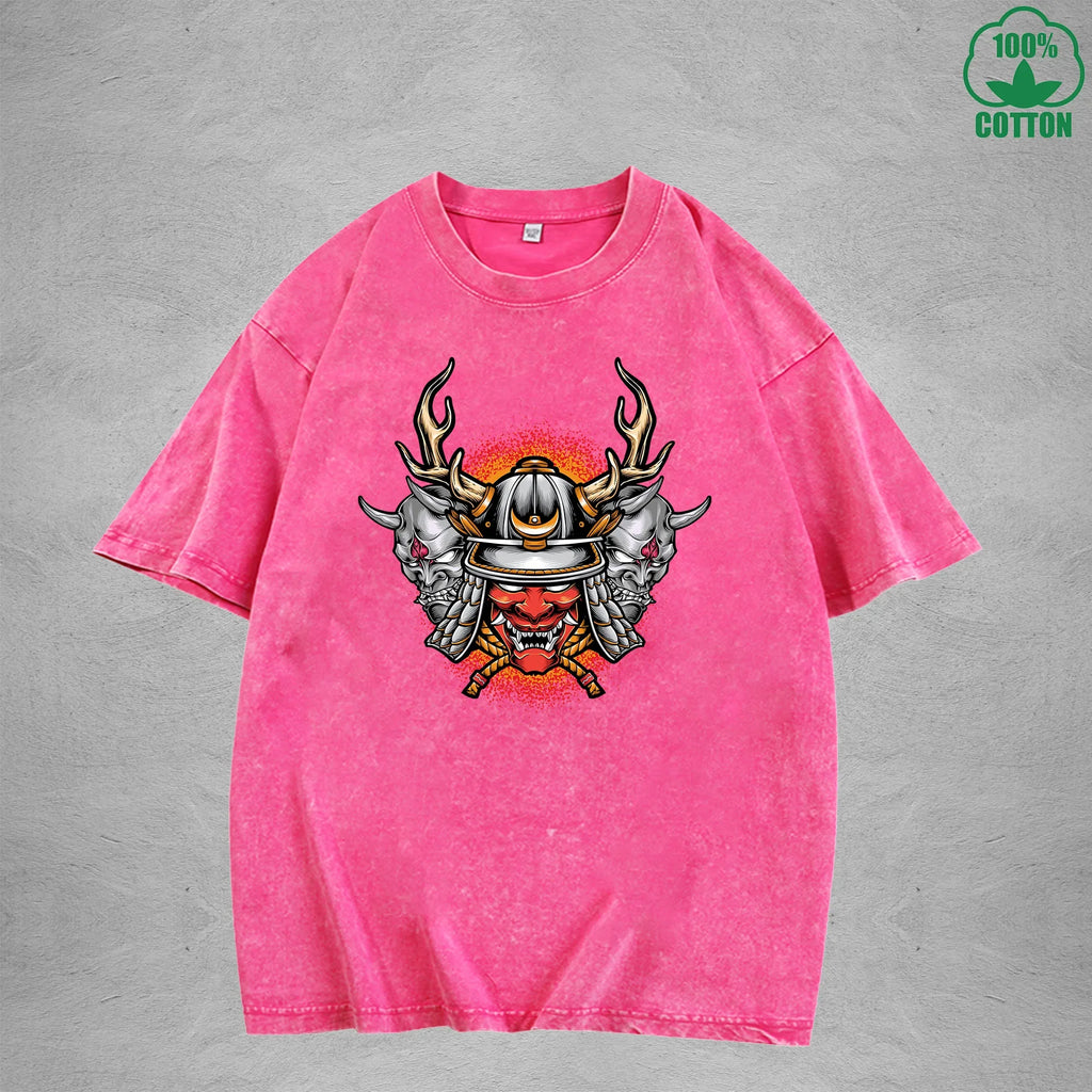 Hell Warrior Interest Printed Washed T-Shirt 230G Multicolor Loose Trendy Fashionable 100%Cotton Short Sleeve Top