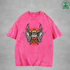 Hell Warrior Interest Printed Washed T-Shirt 230G Multicolor Loose Trendy Fashionable 100%Cotton Short Sleeve Top