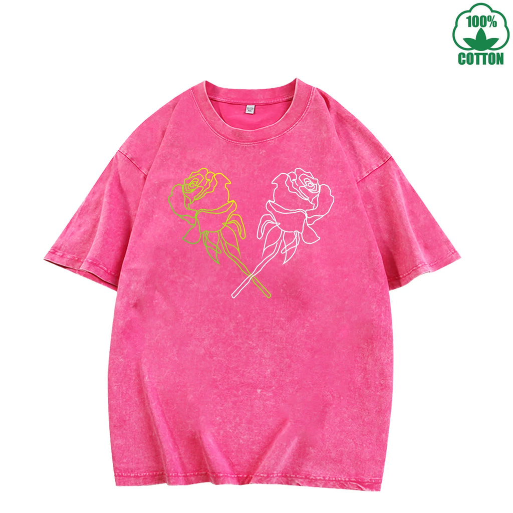 Neon Rose Printed Washed T-Shirt 230G Multicolor Loose Trendy Fashionable Cotton Short Sleeve Top Clearance