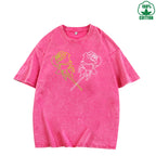 Neon Rose Printed Washed T-Shirt 230G Multicolor Loose Trendy Fashionable Cotton Short Sleeve Top Clearance
