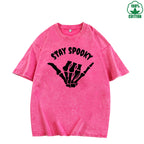 Stay Spooky Quirky Fun Printed Washed T-Shirt 230G American Style Fashion Loose Trendy Fashionable Cotton Short Sleeve Top