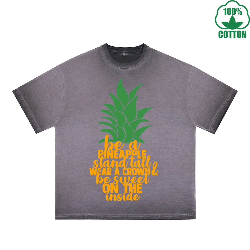 Pineapple Printed Dirty WashT-Shirt 230G Multicolor Loose Trendy Short Sleeves Fashionable 100%Cotton Top