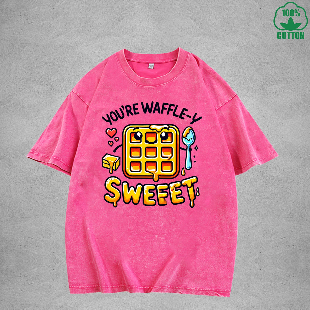 Waffle-Y SweetInterest Printed Washed T-Shirt 230G Loose Trendy Fashionable 100%Cotton Short Sleeve Top