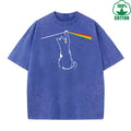 Cat Chasing a Rainbow Printed Washed T-Shirt 230G Loose Trendy Fashionable Cotton Short Sleeve Top Clearance Sale