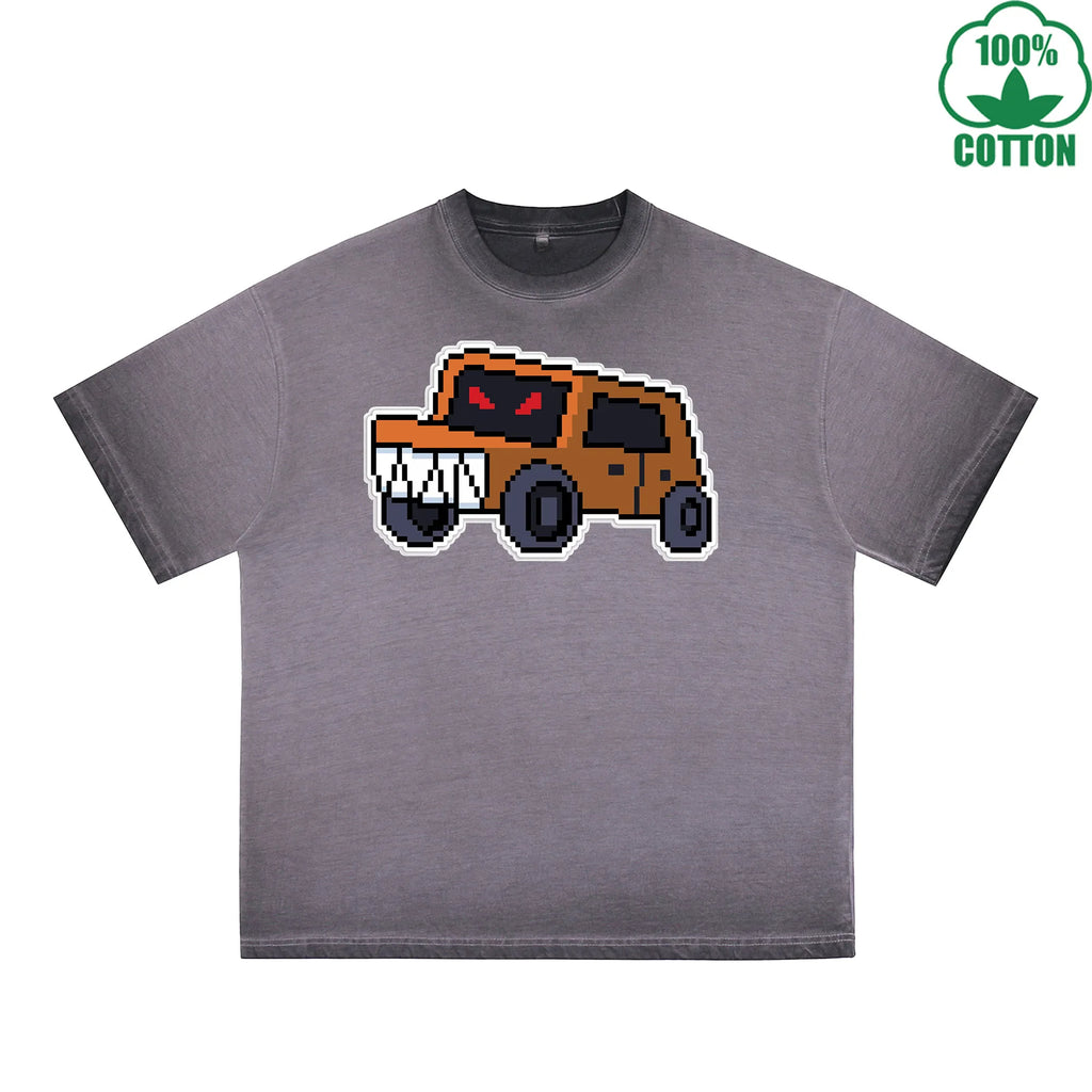 Angry Truck Printed Dirty WashT-Shirt 230G Multicolor Loose Trendy Fashionable 100%Cotton Short Sleeve Top