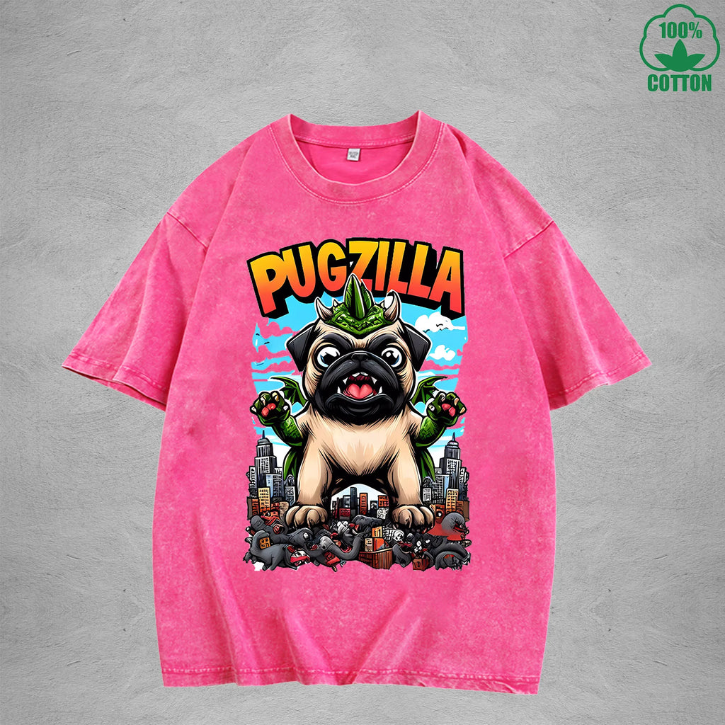PugzillaInterest Printed Washed T-Shirt 230G Loose Trendy Fashionable 100%Cotton Short Sleeve Top