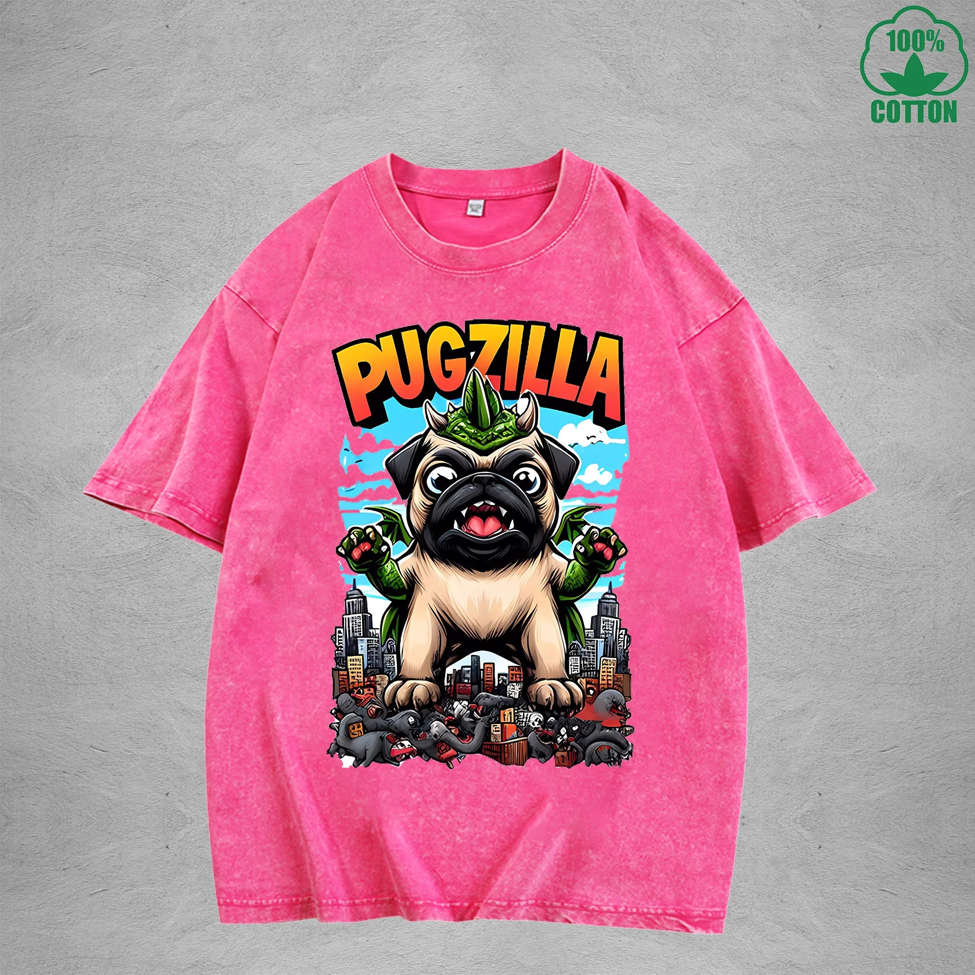 PugzillaInterest Printed Washed T-Shirt 230G Loose Trendy Fashionable 100%Cotton Short Sleeve Top
