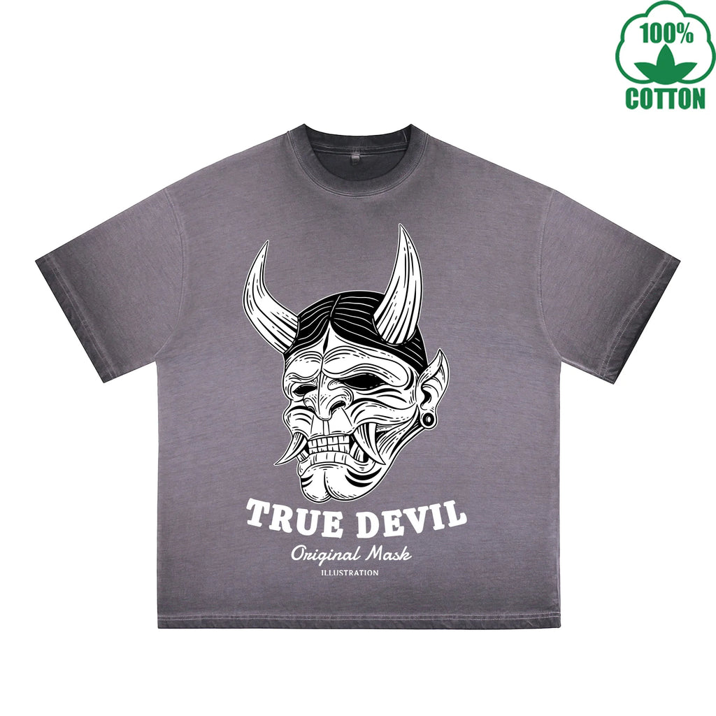 True Devil Printed Dirty WashT-Shirt 230G Multicolor Loose Trendy Fashionable 100%Cotton Short Sleeve Top
