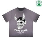 True Devil Printed Dirty WashT-Shirt 230G Multicolor Loose Trendy Fashionable 100%Cotton Short Sleeve Top