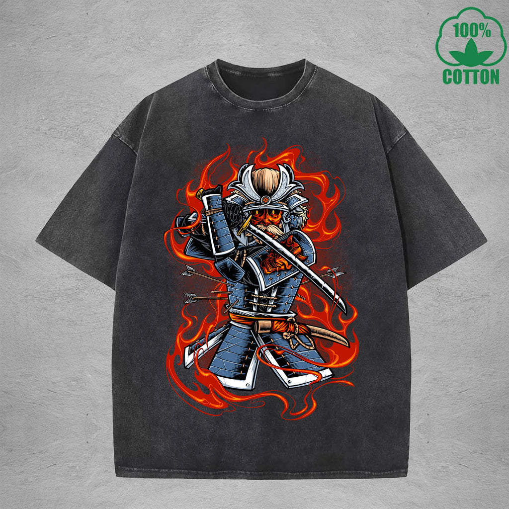 Ghost Samurai Interest Printed Washed T-Shirt 230G Multicolor Loose Trendy Fashionable Cotton Short Sleeve Top