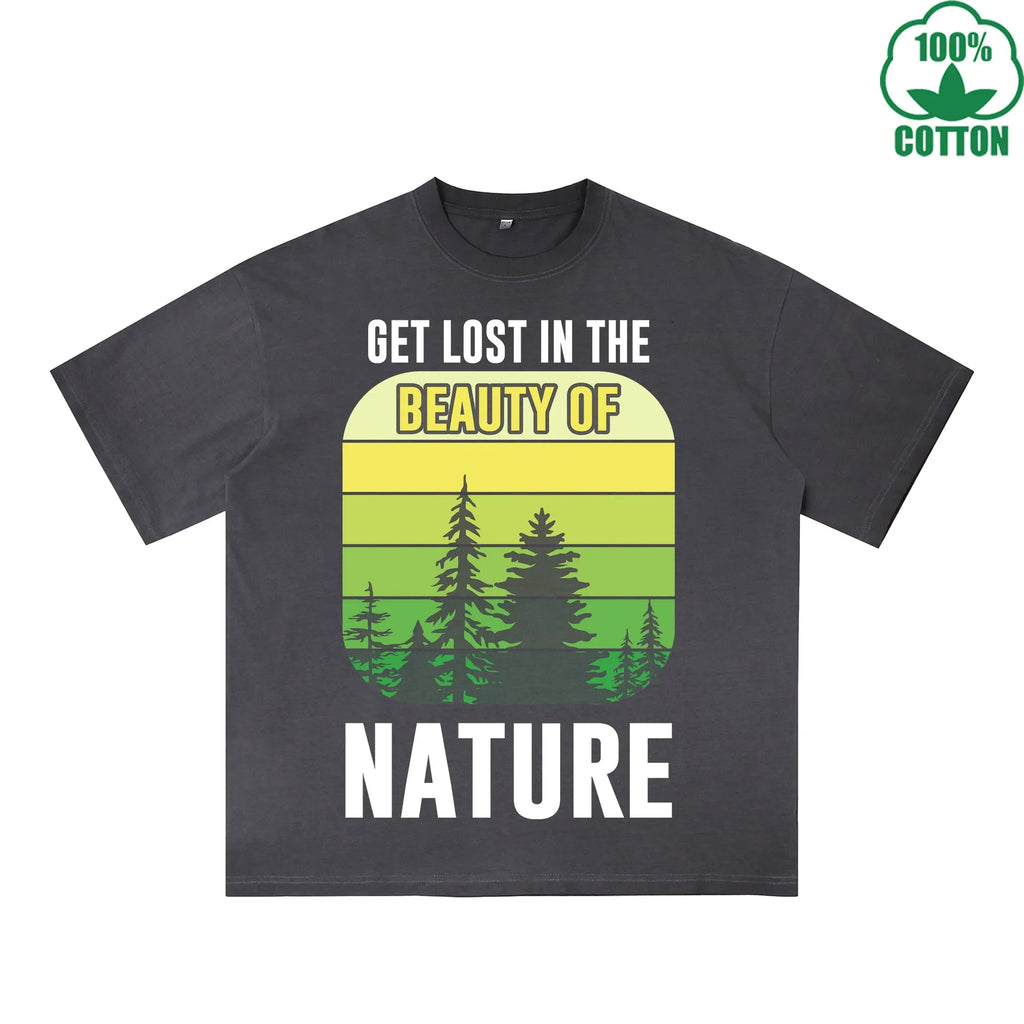 Nature Printed Dirty WashT-Shirt 230G Multicolor Loose Trendy Fashionable 100%Cotton Short Sleeve Top