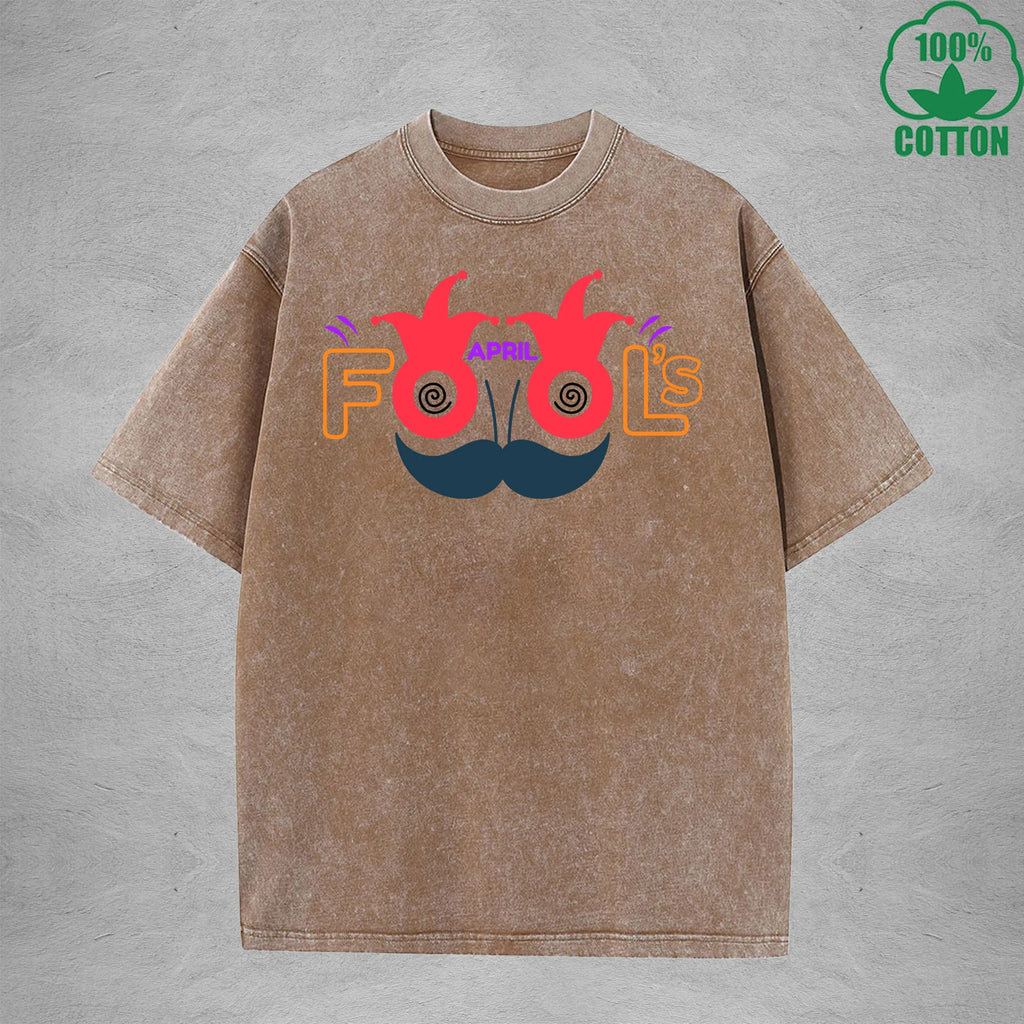 April Fool Days Interest Printed Washed T-Shirt 230G Multicolor Loose Trendy Fashionable 100%Cotton Short Sleeve Top